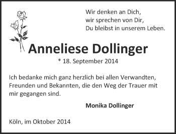 Anzeige von Anneliese Dollinger von  Kölner Wochenspiegel 