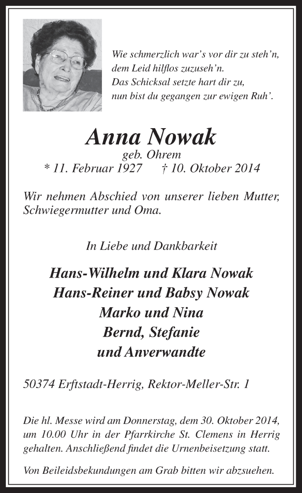  Traueranzeige für Anna Nowak vom 22.10.2014 aus  Werbepost 