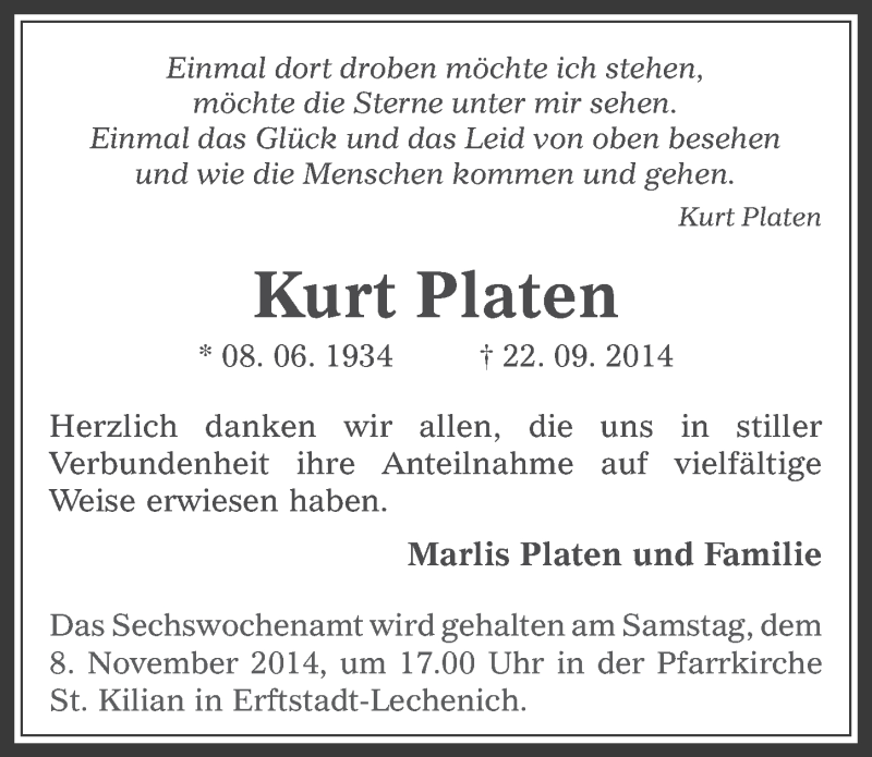  Traueranzeige für Kurt Platen vom 29.10.2014 aus  Werbepost 