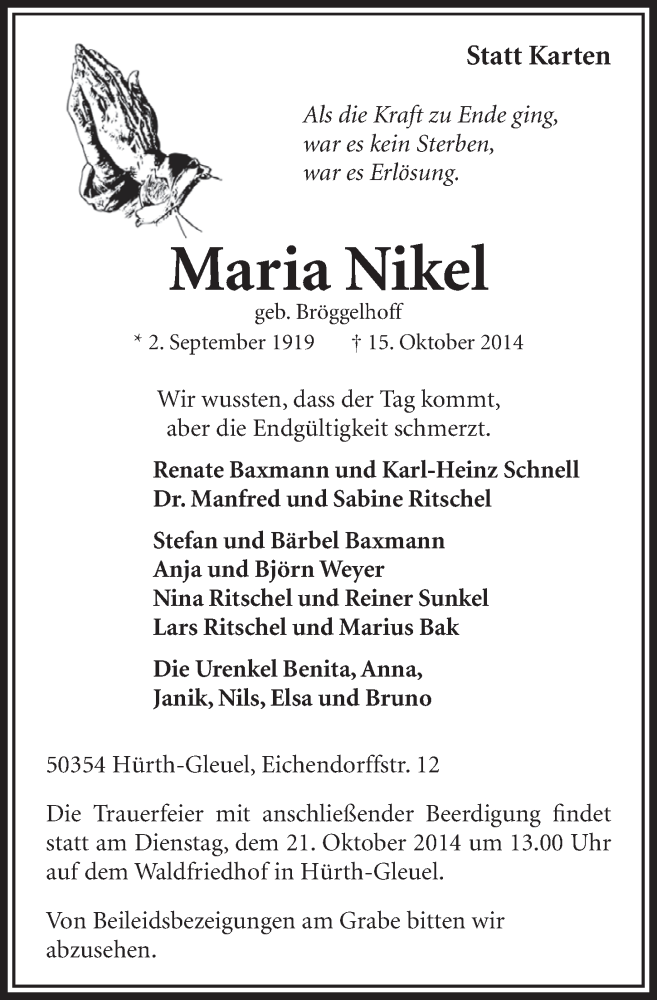  Traueranzeige für Maria Nikel vom 18.10.2014 aus  Sonntags-Post 