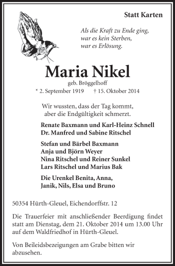 Anzeige von Maria Nikel von  Sonntags-Post 