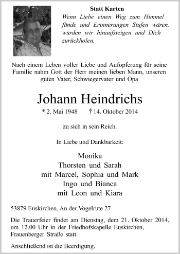 Anzeige von Johann Heindrichs von  Blickpunkt Euskirchen 