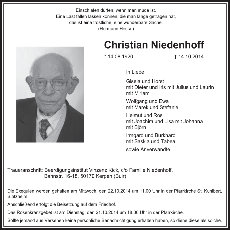  Traueranzeige für Christian Niedenhoff vom 18.10.2014 aus  Sonntags-Post 