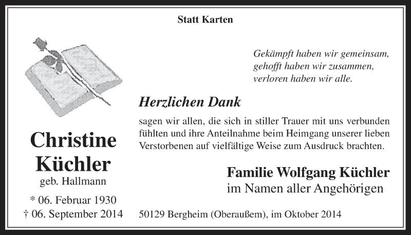  Traueranzeige für Christine Küchler vom 22.10.2014 aus  Werbepost 