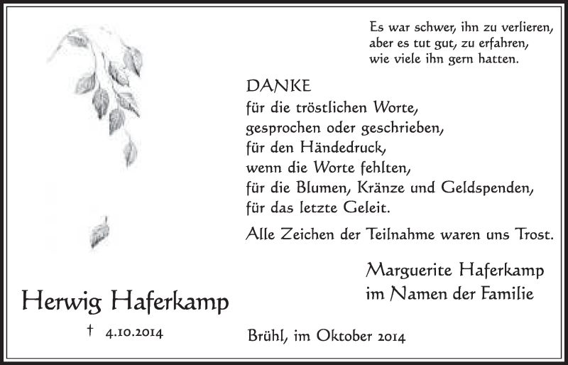  Traueranzeige für Herwig Haferkamp vom 22.10.2014 aus  Schlossbote/Werbekurier 