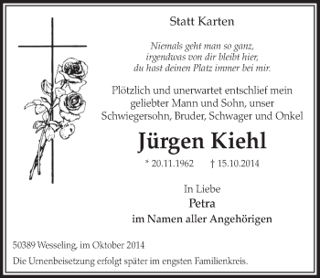 Anzeige von Jrgen Kiehl von  Schlossbote/Werbekurier 