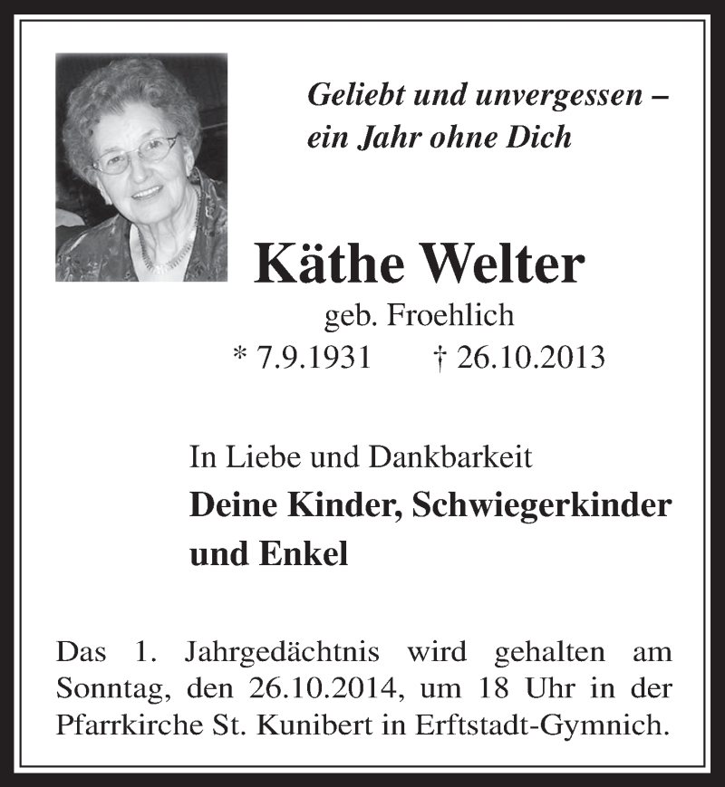  Traueranzeige für Käthe Welter vom 22.10.2014 aus  Werbepost 