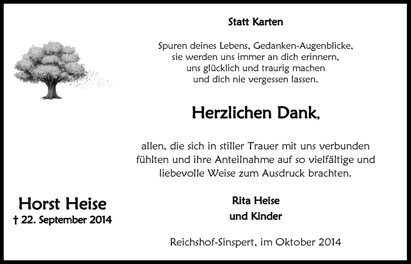  Traueranzeige für Horst Heise vom 22.10.2014 aus  Anzeigen Echo 