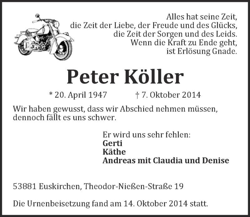  Traueranzeige für Peter Köller vom 19.10.2014 aus  Blickpunkt Euskirchen 