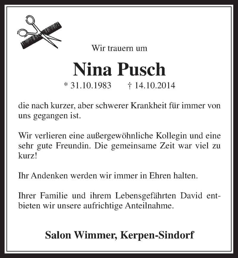  Traueranzeige für Nina Pusch vom 22.10.2014 aus  Werbepost 