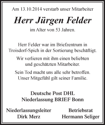 Anzeige von Jürgen Felder von  Extra Blatt 