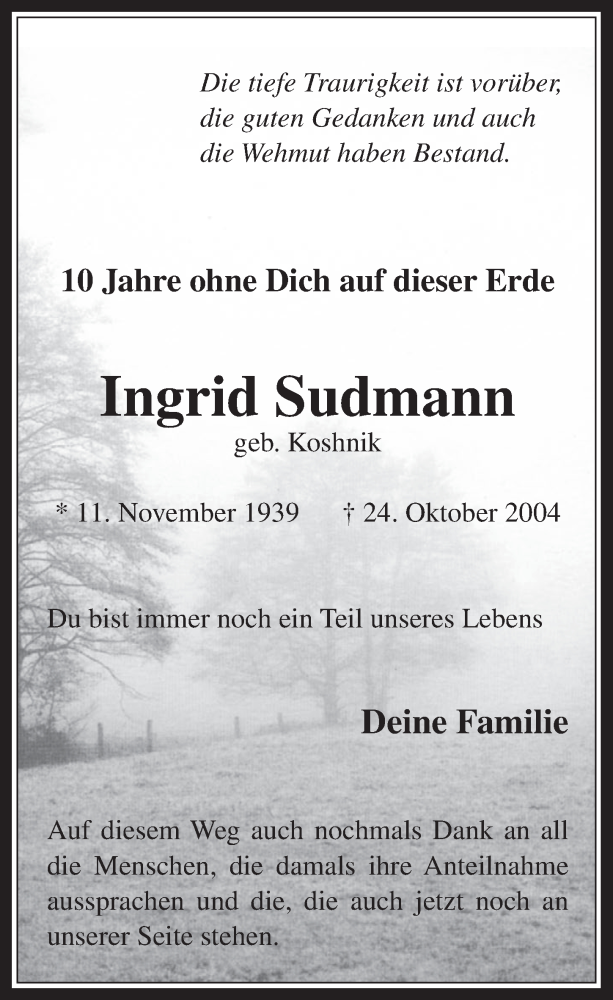  Traueranzeige für Ingrid Sudmann vom 22.10.2014 aus  Werbepost 