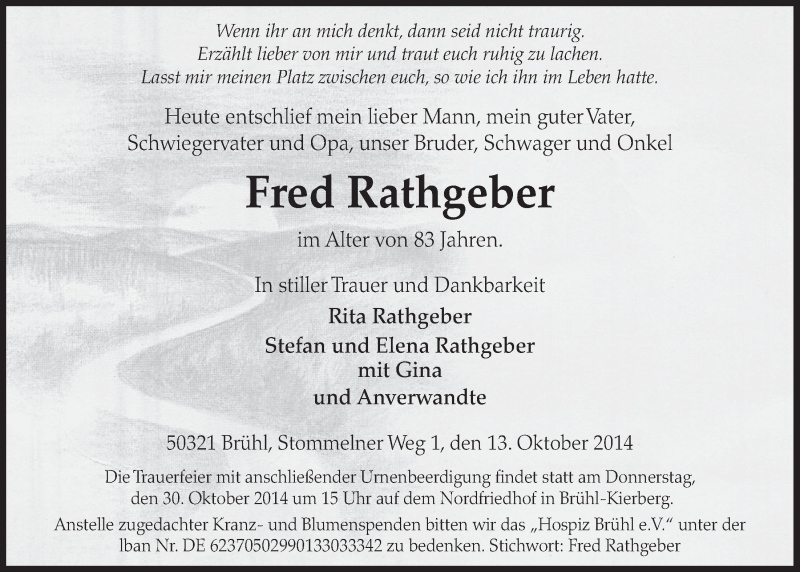  Traueranzeige für Fred Rathgeber vom 22.10.2014 aus  Schlossbote/Werbekurier 