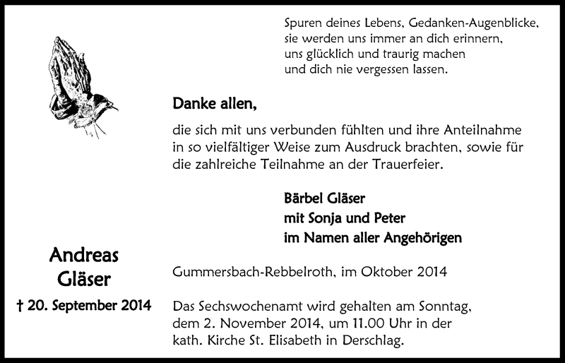  Traueranzeige für Andreas Gläser vom 22.10.2014 aus  Anzeigen Echo 