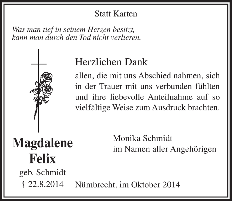  Traueranzeige für Magdalene Felix vom 22.10.2014 aus  Lokalanzeiger 