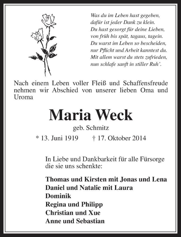  Traueranzeige für Maria Weck vom 22.10.2014 aus  Werbepost 