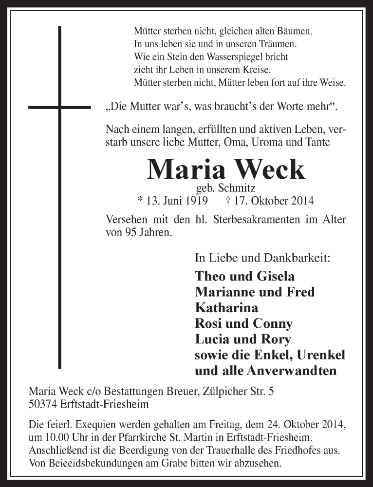  Traueranzeige für Maria Weck vom 22.10.2014 aus  Werbepost 