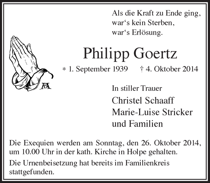 Traueranzeige für Philipp Goertz vom 22.10.2014 aus  Lokalanzeiger 