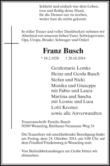 Anzeige von Franz Busch von  Schlossbote/Werbekurier 