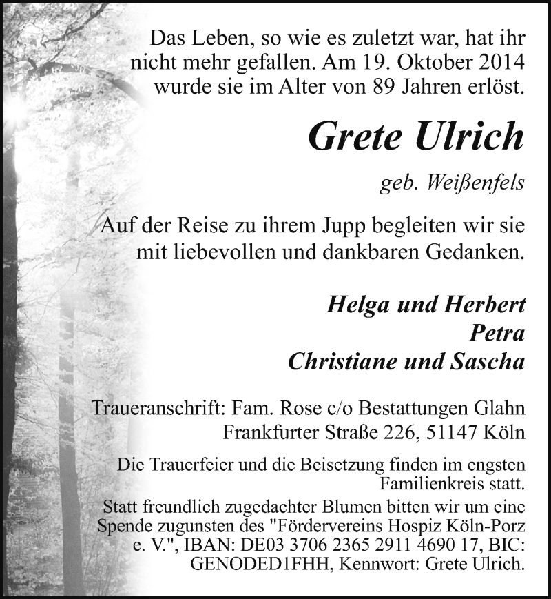  Traueranzeige für Grete Ulrich vom 22.10.2014 aus  Kölner Wochenspiegel 