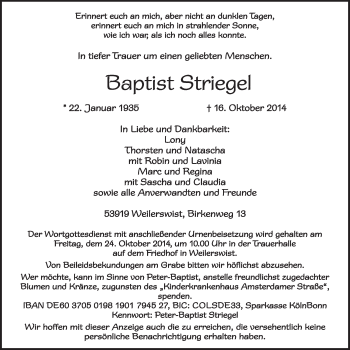 Anzeige von Baptist Striegel von  Schlossbote/Werbekurier 