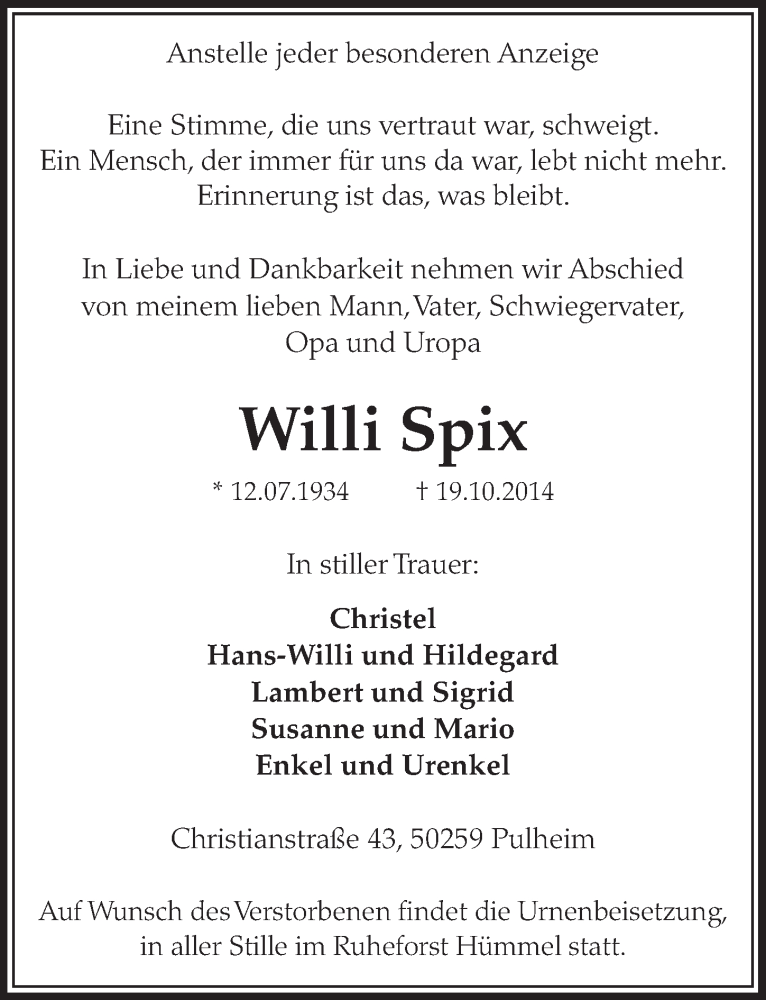  Traueranzeige für Willi Spix vom 25.10.2014 aus  Sonntags-Post 