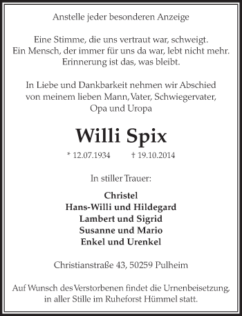 Anzeige von Willi Spix von  Sonntags-Post 