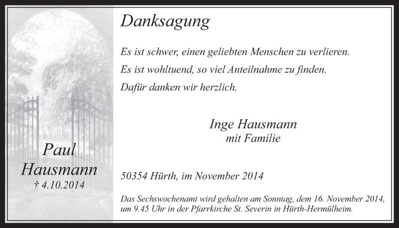 Traueranzeige für Paul Hausmann vom 05.11.2014 aus  Wochenende 