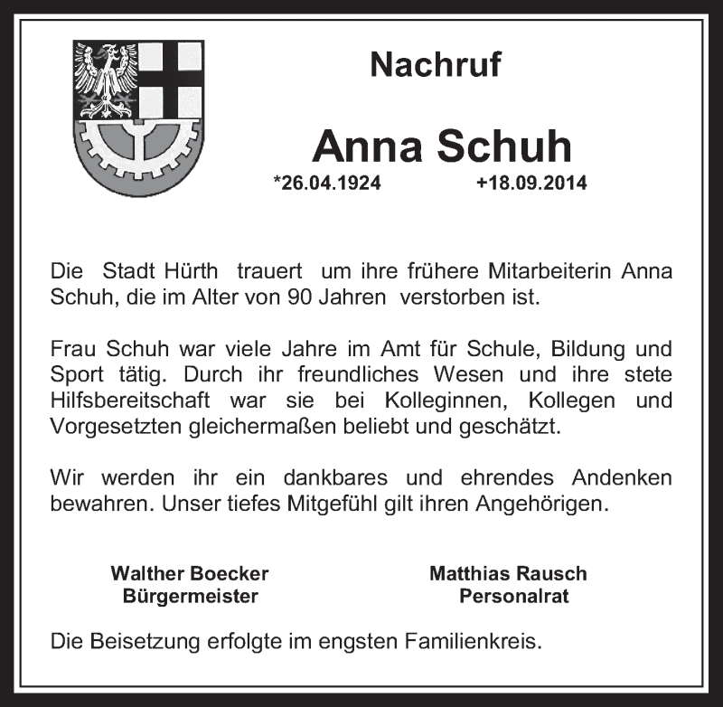  Traueranzeige für Anna Schuh vom 29.10.2014 aus  Wochenende 