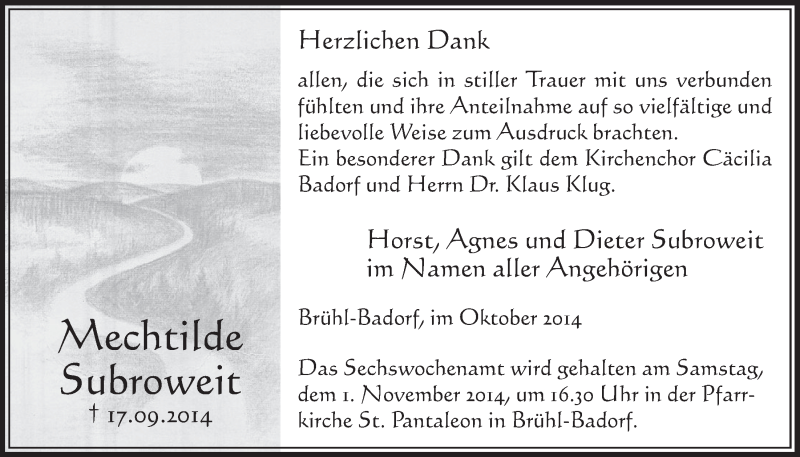  Traueranzeige für Mechtilde Subroweit vom 29.10.2014 aus  Schlossbote/Werbekurier 