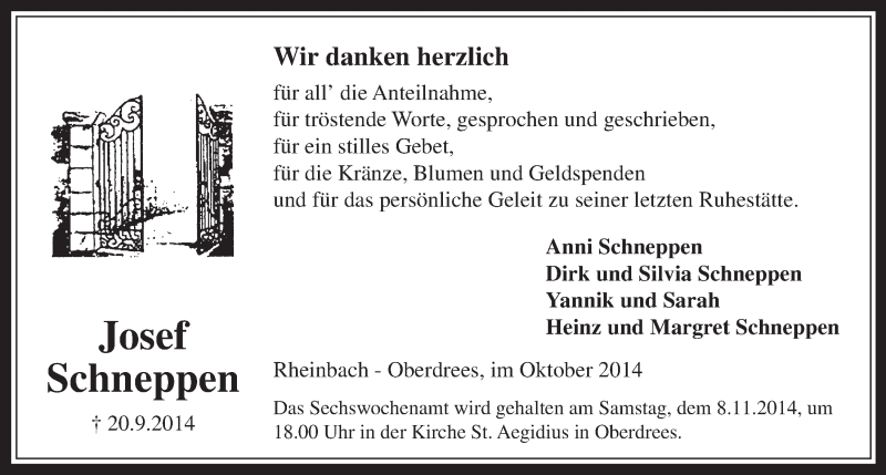  Traueranzeige für Josef Schneppen vom 29.10.2014 aus  Schaufenster/Blickpunkt 