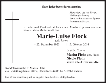 Anzeige von Marie-Luise Flock von  Wochenende 
