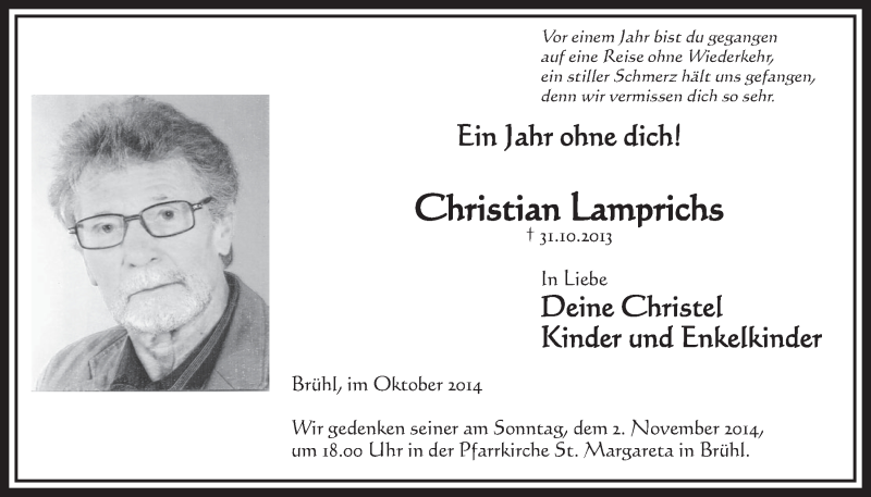  Traueranzeige für Christian Lamprichs vom 29.10.2014 aus  Schlossbote/Werbekurier 