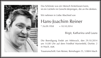 Anzeige von Hans-Joachim Reiner von  Rhein-Sieg-Wochenende 
