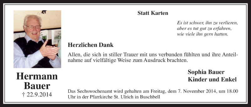  Traueranzeige für Hermann Bauer vom 29.10.2014 aus  Wochenende 