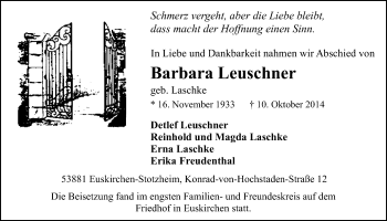 Anzeige von Barbara Leuschner von  Blickpunkt Euskirchen 
