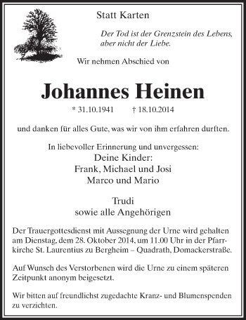 Anzeige von Johannes Heinen von  Sonntags-Post 