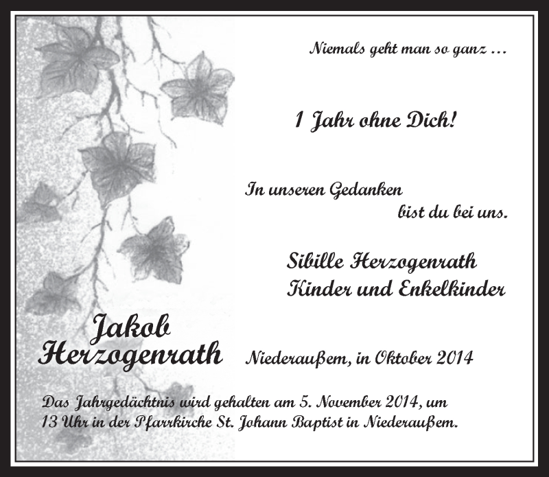  Traueranzeige für Jakob Herzogenrath vom 29.10.2014 aus  Werbepost 