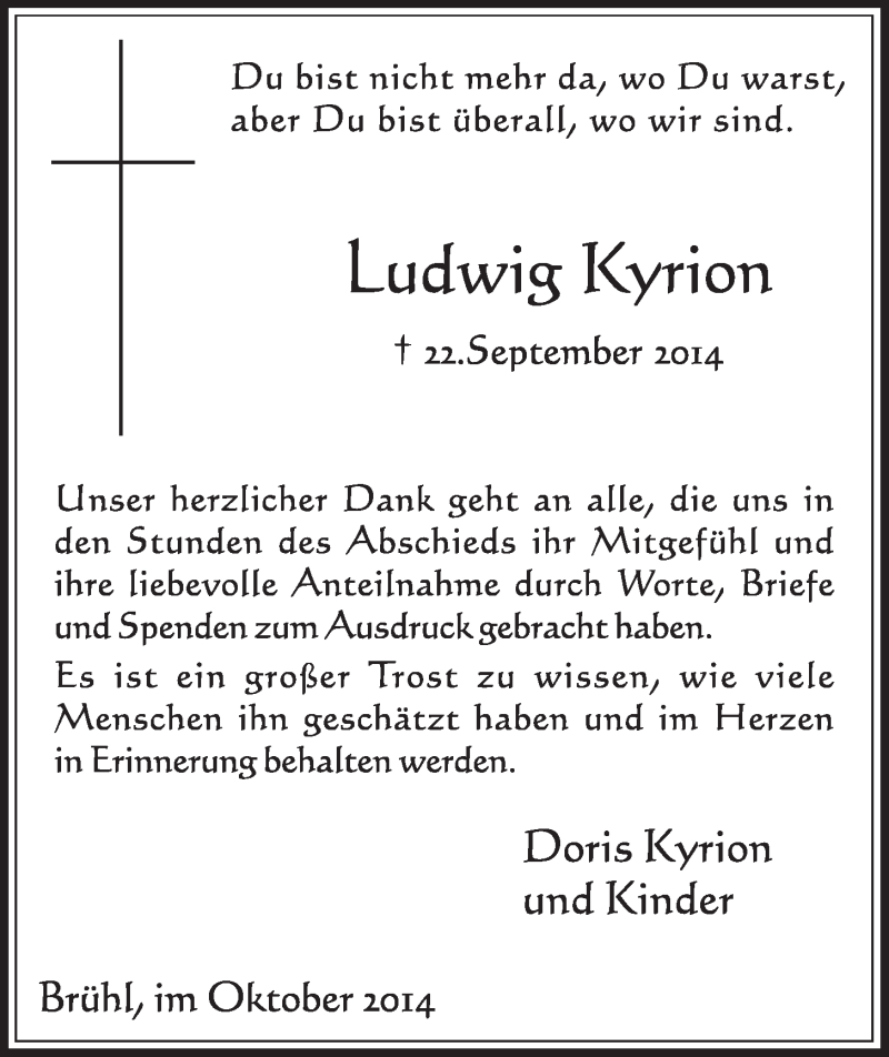 Traueranzeige für Ludwig Kyrion vom 29.10.2014 aus  Schlossbote/Werbekurier 