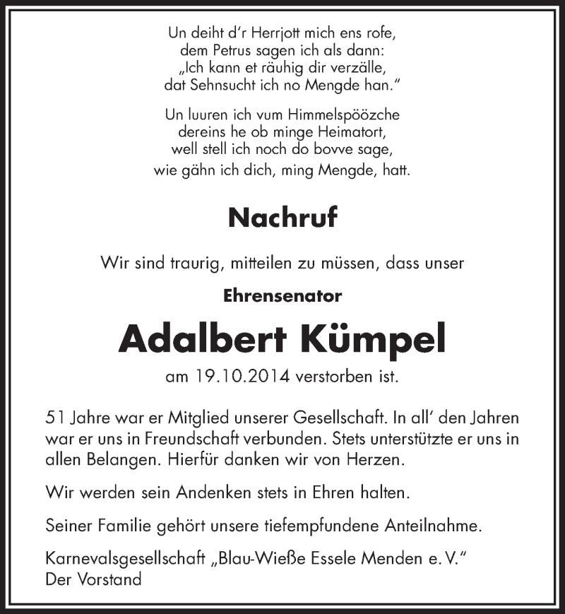  Traueranzeige für Adalbert Kümpel vom 29.10.2014 aus  Extra Blatt 