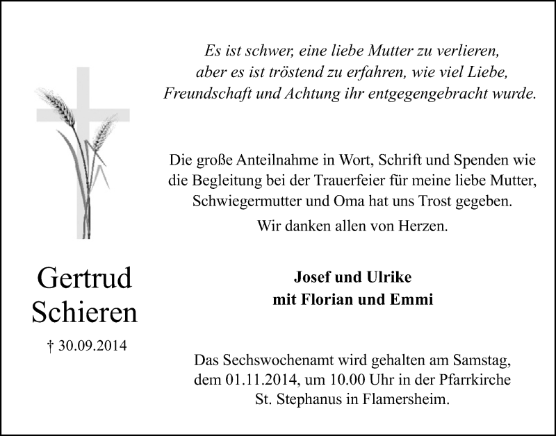  Traueranzeige für Gertrud Schieren vom 26.10.2014 aus  Blickpunkt Euskirchen 