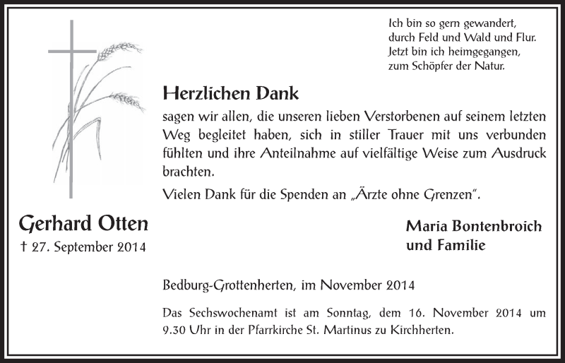  Traueranzeige für Gerhard Otten vom 05.11.2014 aus  Werbepost 