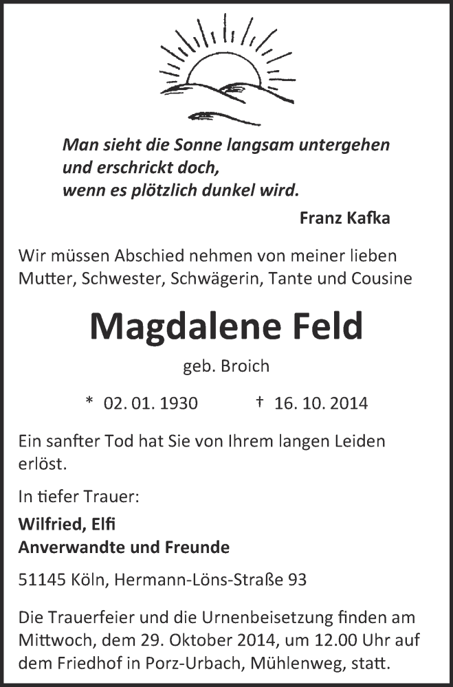  Traueranzeige für Magdalene Feld vom 25.10.2014 aus 