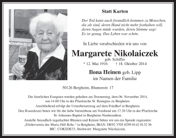 Anzeige von Margarete Nikolaiczek von  Werbepost 