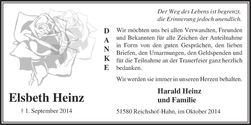  Traueranzeige für Elsbeth Heinz vom 29.10.2014 aus  Lokalanzeiger 