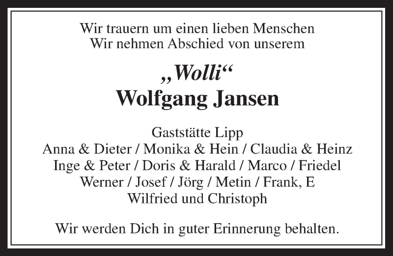  Traueranzeige für Wolfgang Jansen vom 29.10.2014 aus  Werbepost 