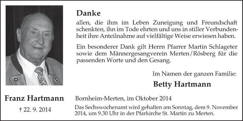  Traueranzeige für Franz Hartmann vom 29.10.2014 aus  Schaufenster/Blickpunkt 