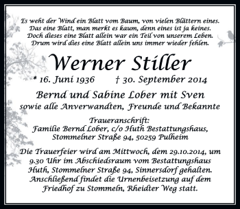 Anzeige von Werner Stiller von  Sonntags-Post 