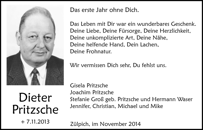  Traueranzeige für Dieter Pritzsche vom 02.11.2014 aus  Blickpunkt Euskirchen 
