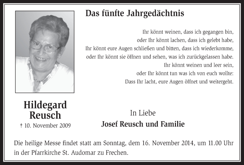  Traueranzeige für Hildegard Reusch vom 12.11.2014 aus  Wochenende 